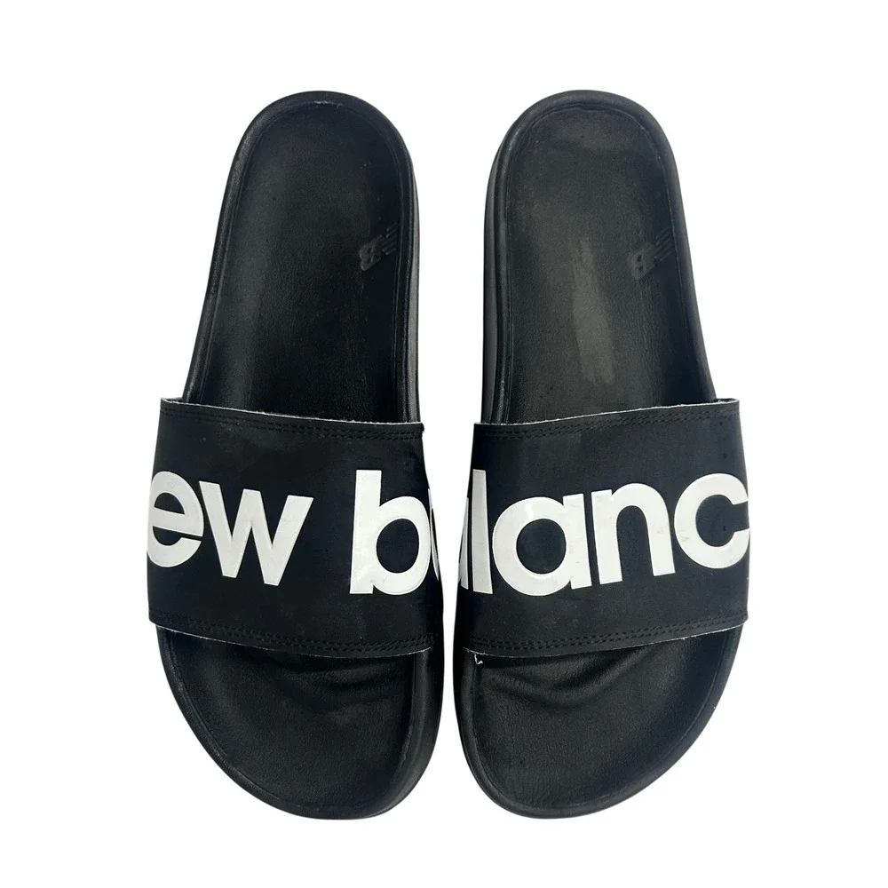 New‎ Balance Logo Slides Sandals Black Comfort Pool Gym Shower Mens Approx 12